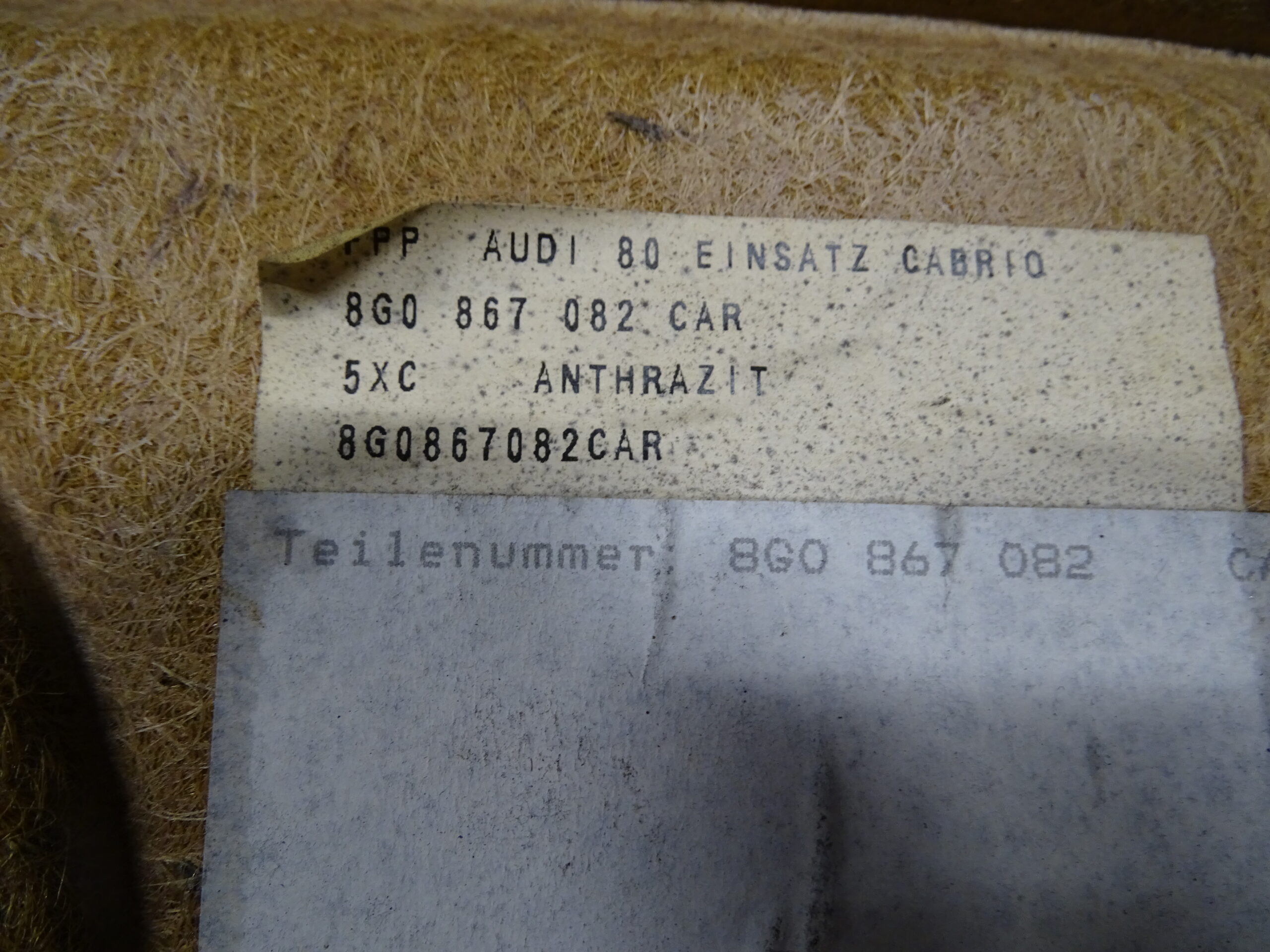 8G0867082 CAR 5XC Audi 80 Cabrio Typ89 Türpappe Einsatz Seitenverkleidung Rechts hinten Stoff Anthrazit Jacquard B-Ware – Bild 6